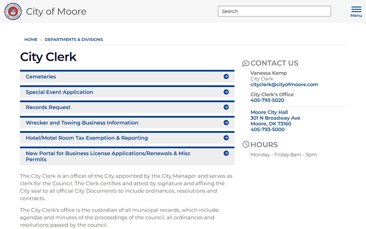 Moore City Clerk page