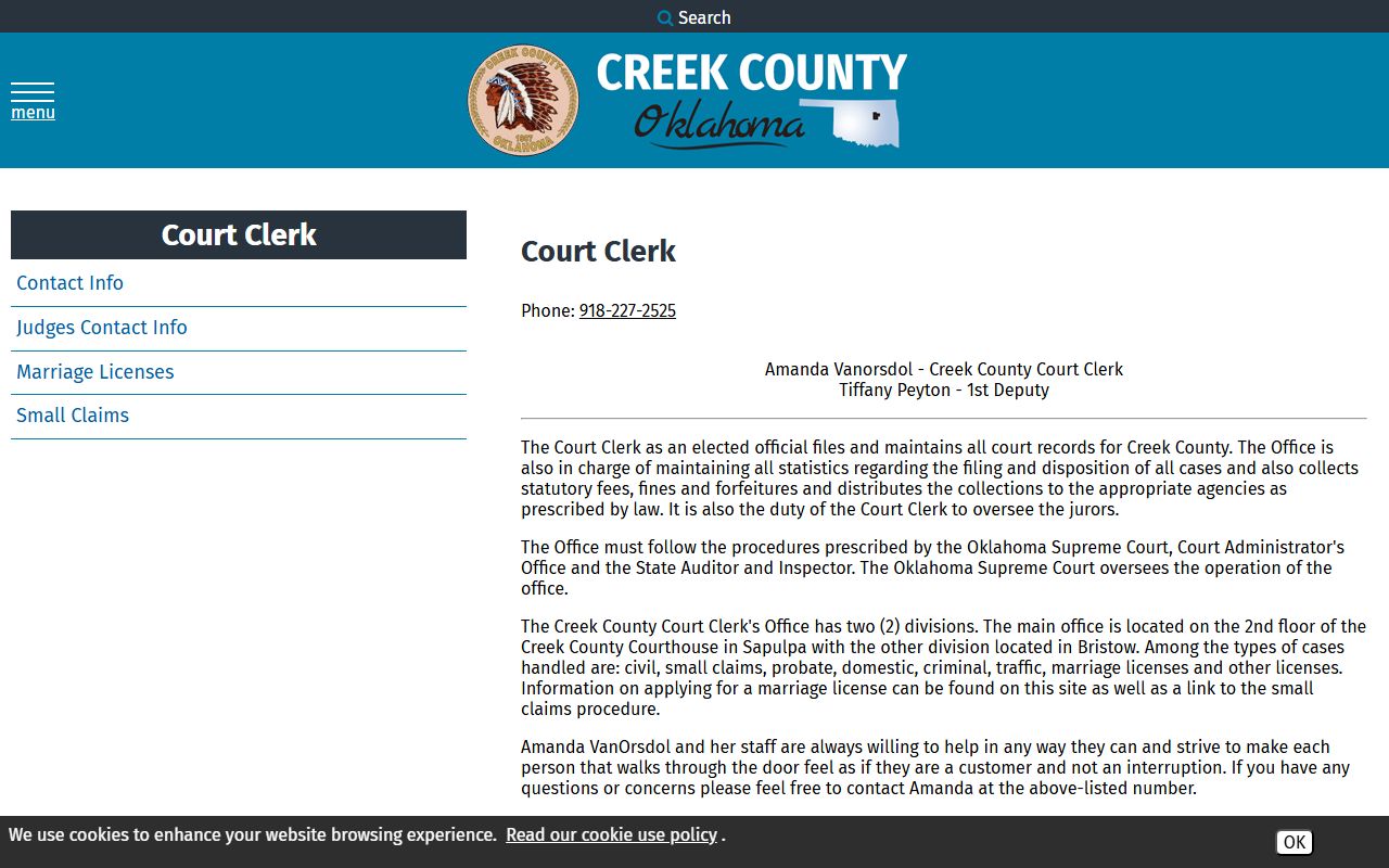 Creek County Court Clerk marriage records page