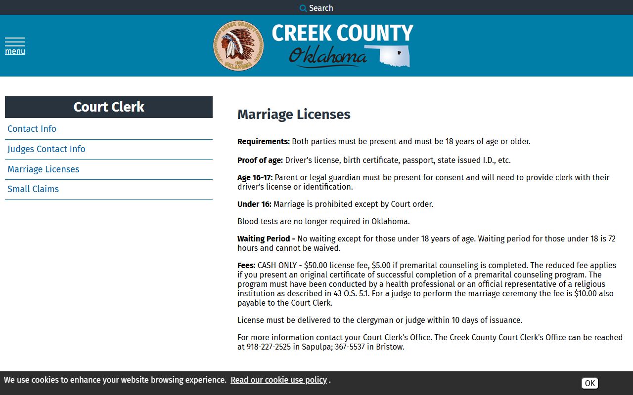 Creek County marriage records license page