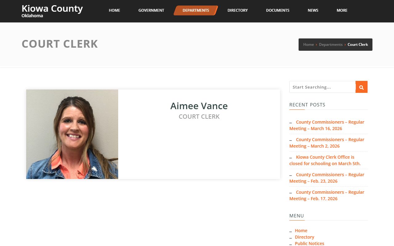 Kiowa County Court Clerk page for marriage records