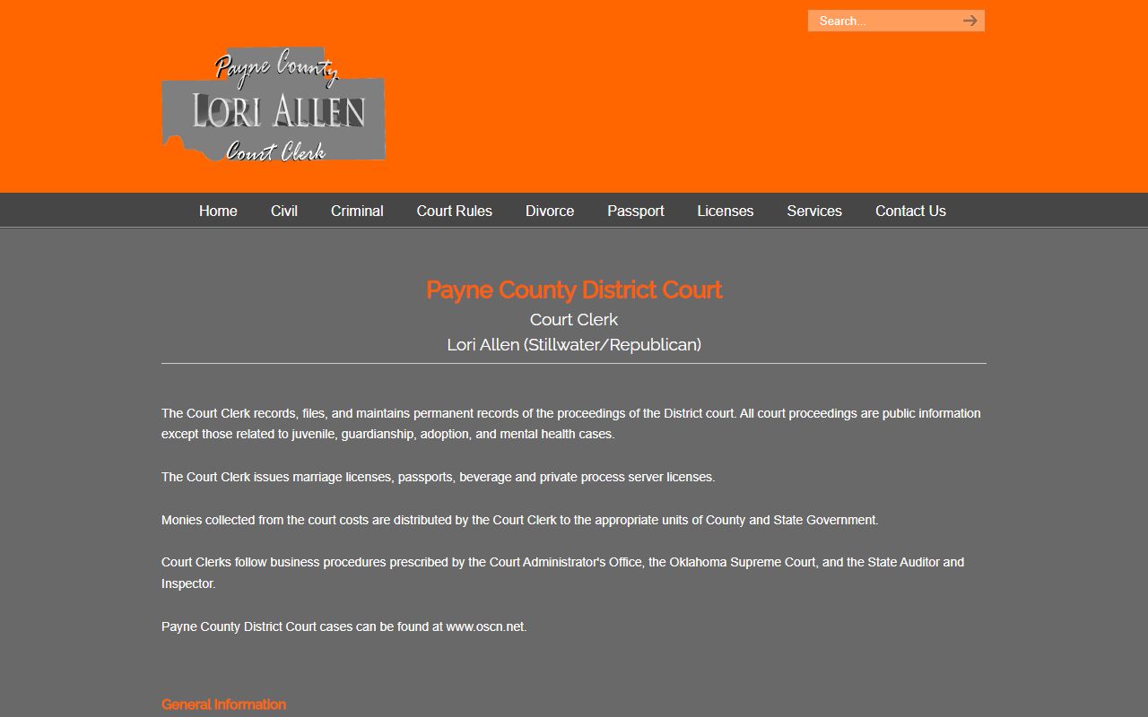 Payne County government court clerk page for marriage records