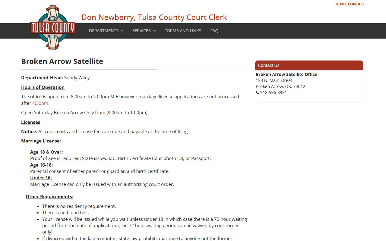 Tulsa County Broken Arrow satellite office for marriage records