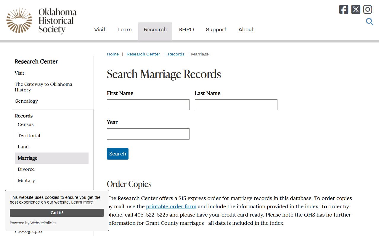 Oklahoma marriage records Historical Society research page